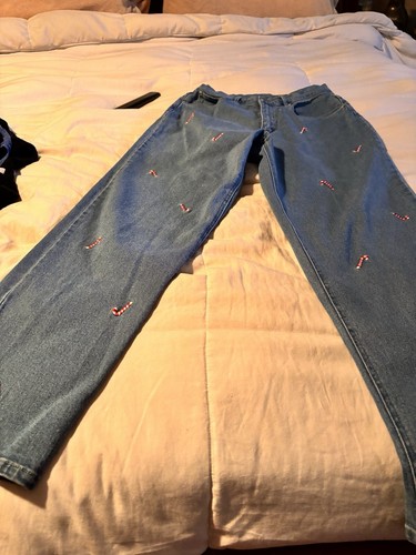 Vintage Quacker Factory Embroidered Candy, Cane Jeans, High Waisted Size 12 0010