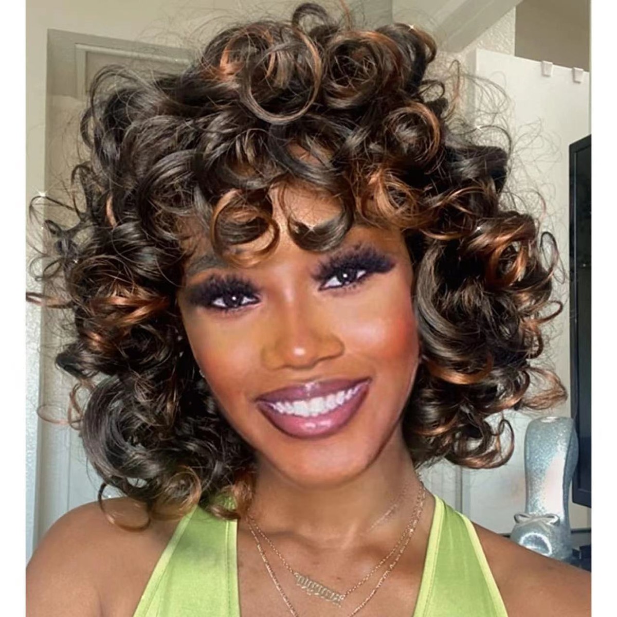 Curly Afro Wigs for Black Women Short Black Brown Highlights 