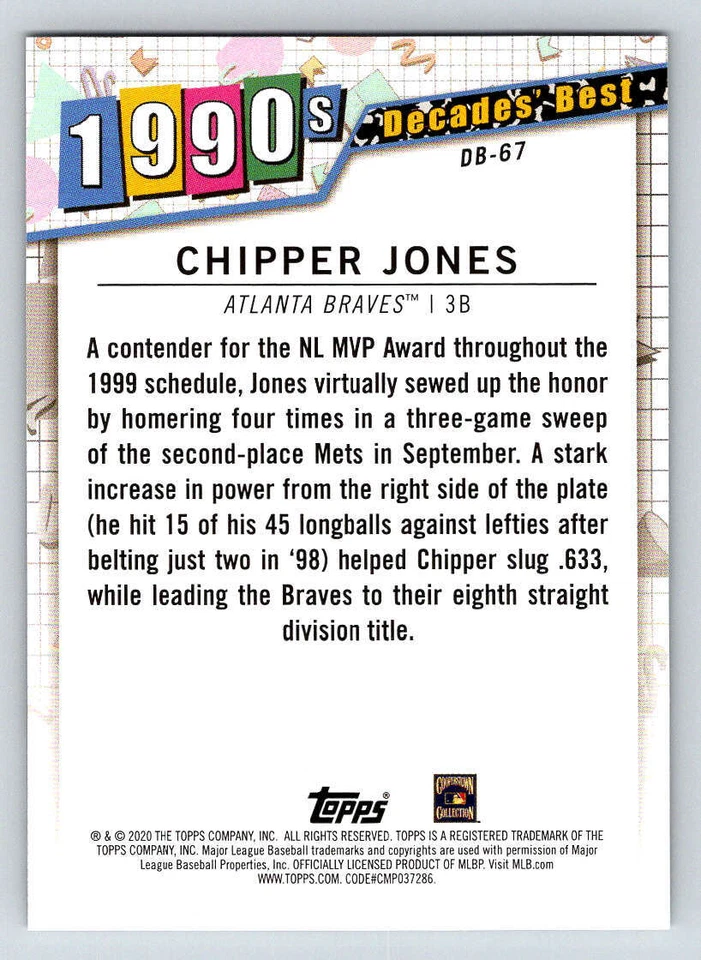 2020 Topps Decades' Best #DB67 Chipper Jones (ref 200658) - Image 2 of 2