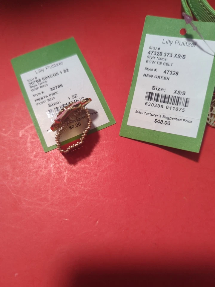 Cinturón Lilly Pulitzer Pajarita XS/S Verde - Anillo Pensamiento Rosa Elástico Nuevo (Z1) Foto 4 de 4