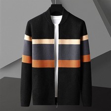Mens Knitted Cardigan Sweater Jacket Full Zip Striped Bomber Coat Casual