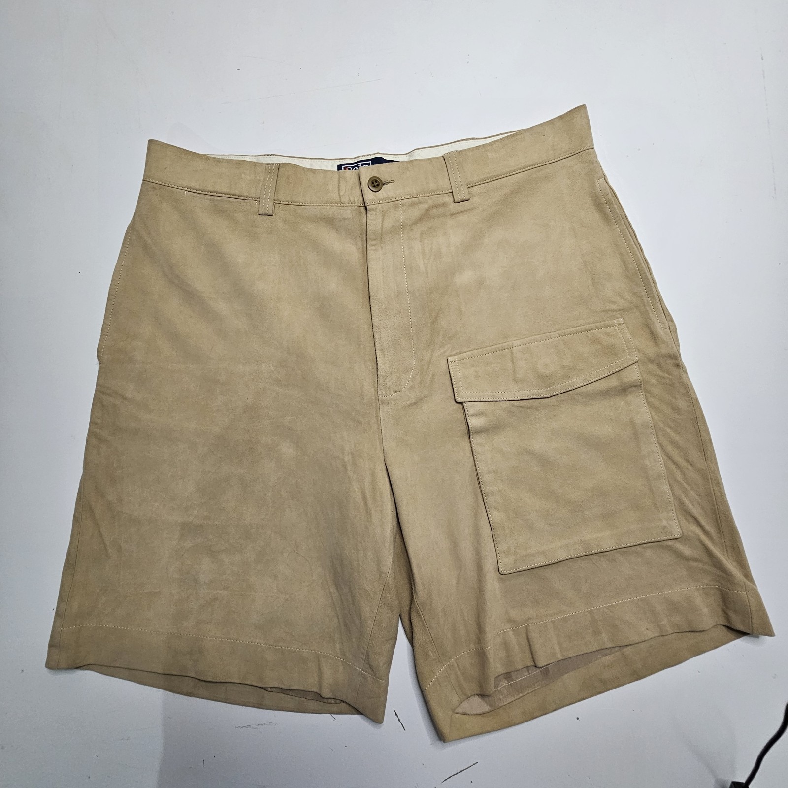 Polo Ralph Lauren 100% Suede Leather Cargo Shorts Mens 36 Beige Tan Luxury