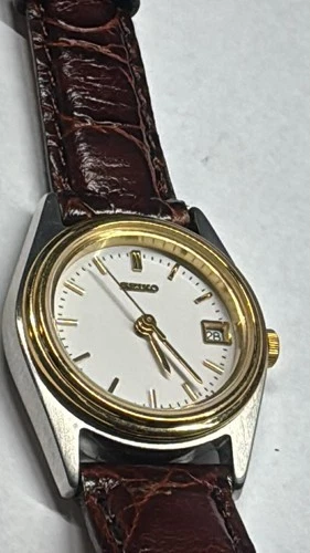 VTG Seiko Watch Women 23mm Silver Gold Two Tone Date 7N82-0399 (Leather Band)