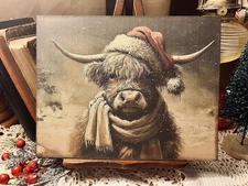 Highland Cow, In Snow Wearing Santa Cap, Rustic Handcrafted Plaque / Sign