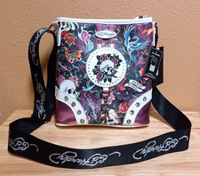 Ed Hardy White/Black/Multicolors Crossbody Bag Purse w/Roses,Skulls Tattoo Print