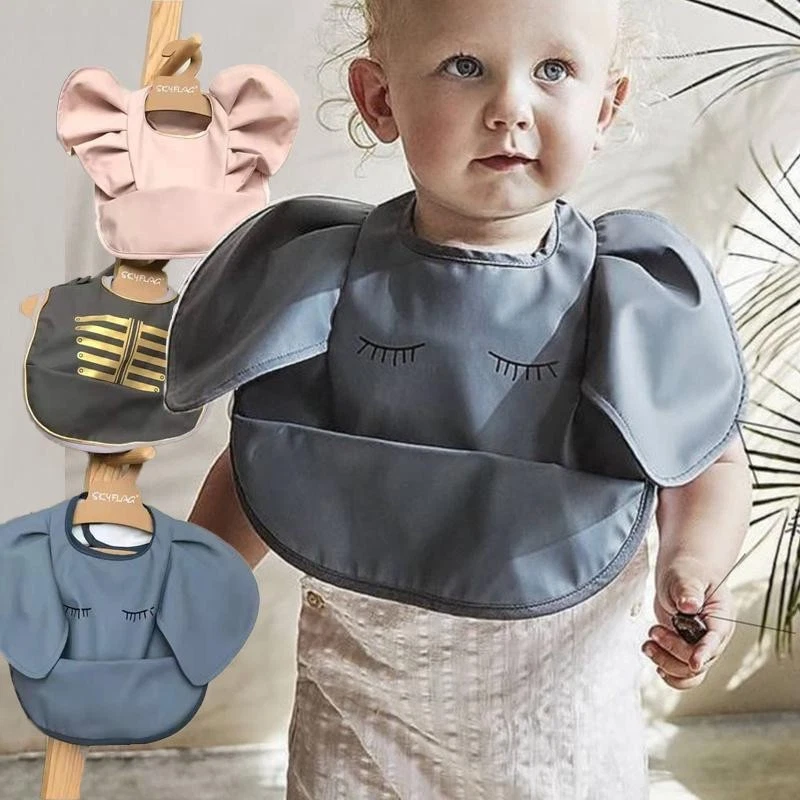 Baby Bib Waterproof PU Infant Feeding Bib Pocket Easy Clean Cute Elephant