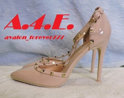 Bella Marie Beige Patent D'Orsay spiky studded heels. Size Womens 10 Mens 8.5