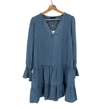 Quince Chambray Tencel Tiered Long Sleeve Mini Dress Medium Indigo S