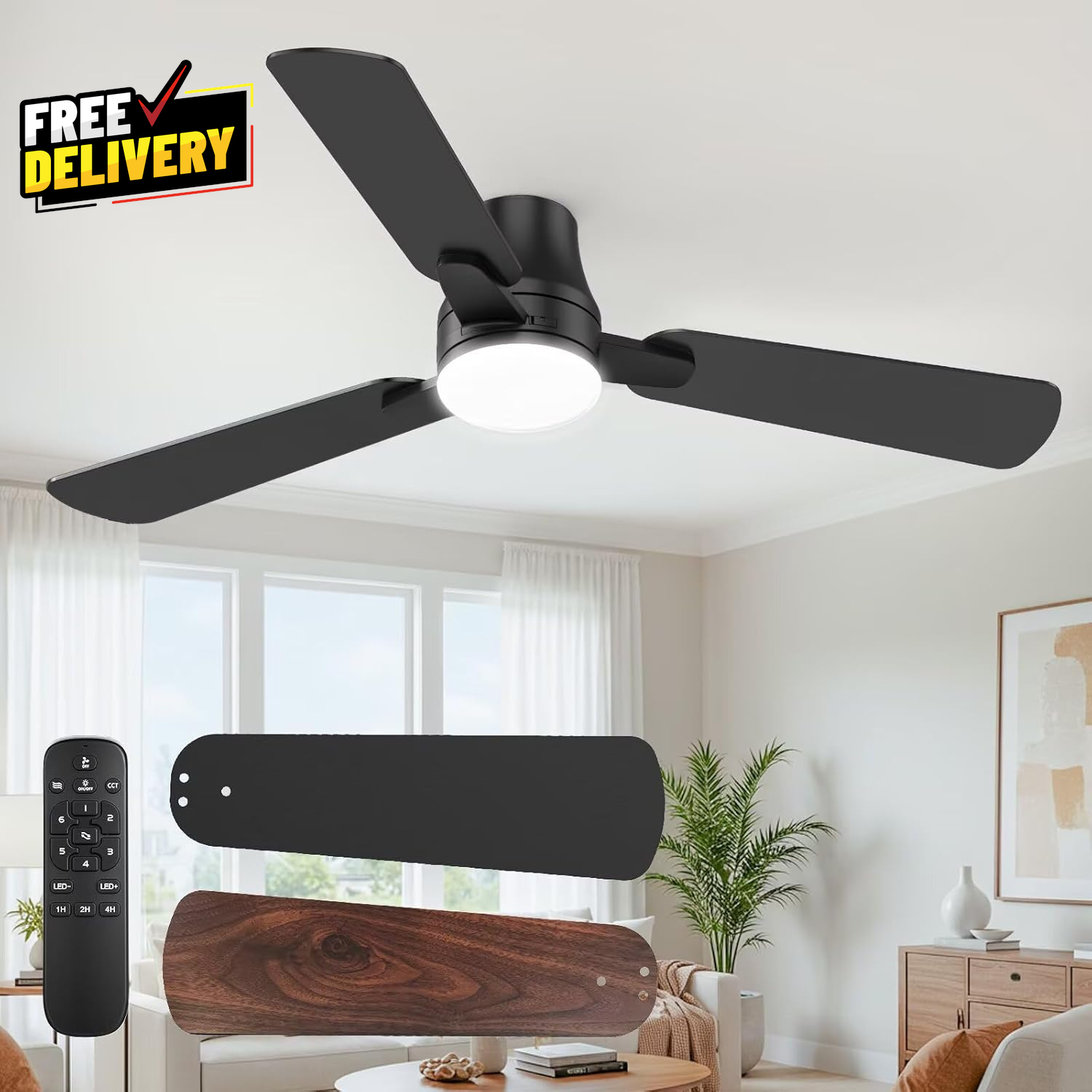 42 Inch Ceiling Fan with Light and Remote Low Profile Black Quiet Reversible