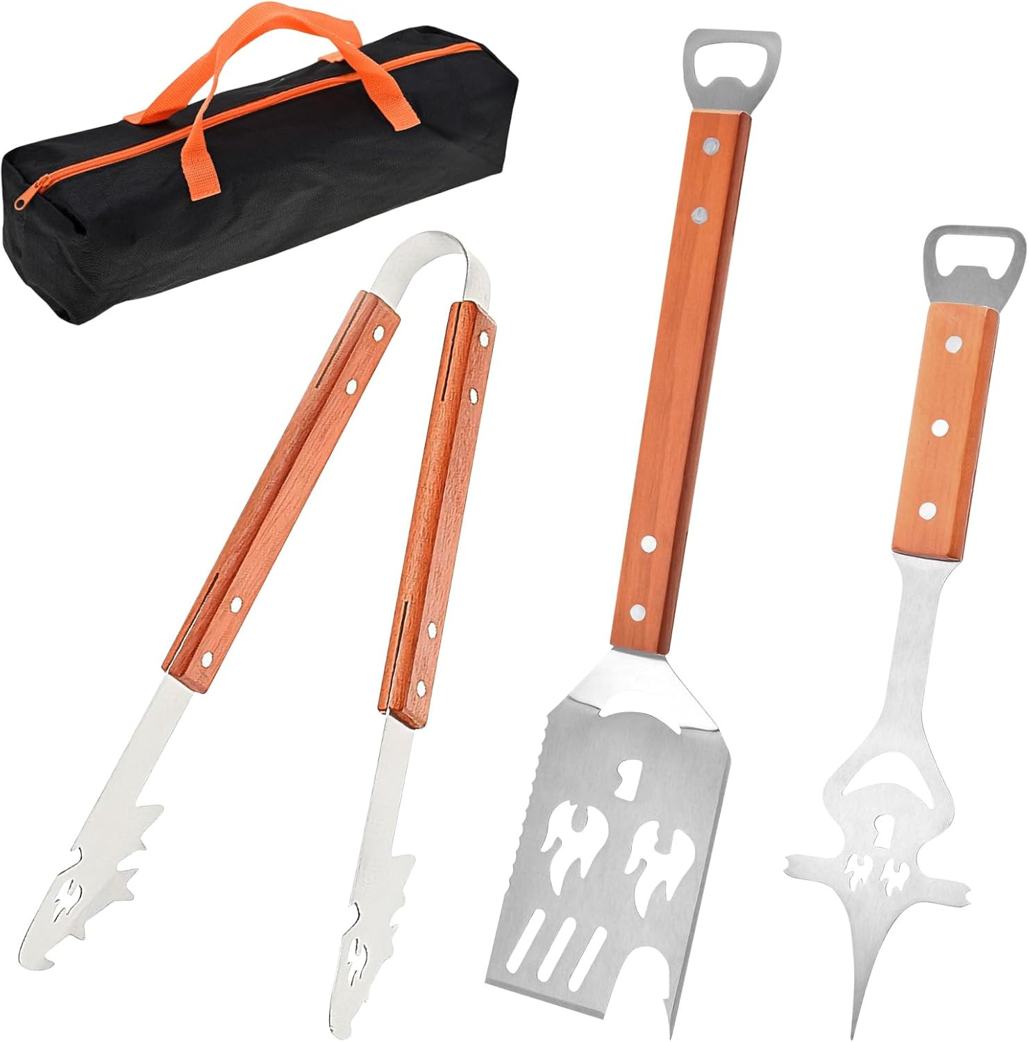 Set BBQ 4 Pezzi Acciaio e Legno - Spatola Forata Offerta Limitata
