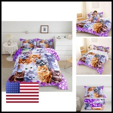 Feelyou Cartoon Cat Girls Comforter Set Pet Cats Kitten Bedding Set Kids Boys