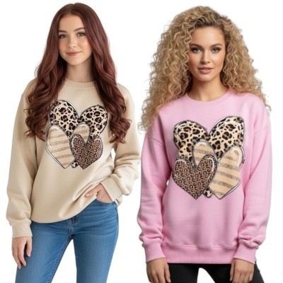 Damen Triple & Heart Print Langarm Rund Sweatshirt Freizeit