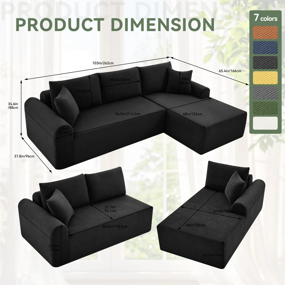 Sectional Sofa Set L-Shaped Couch Convertible Indoor Modular for Living Room - Image 3 of 4