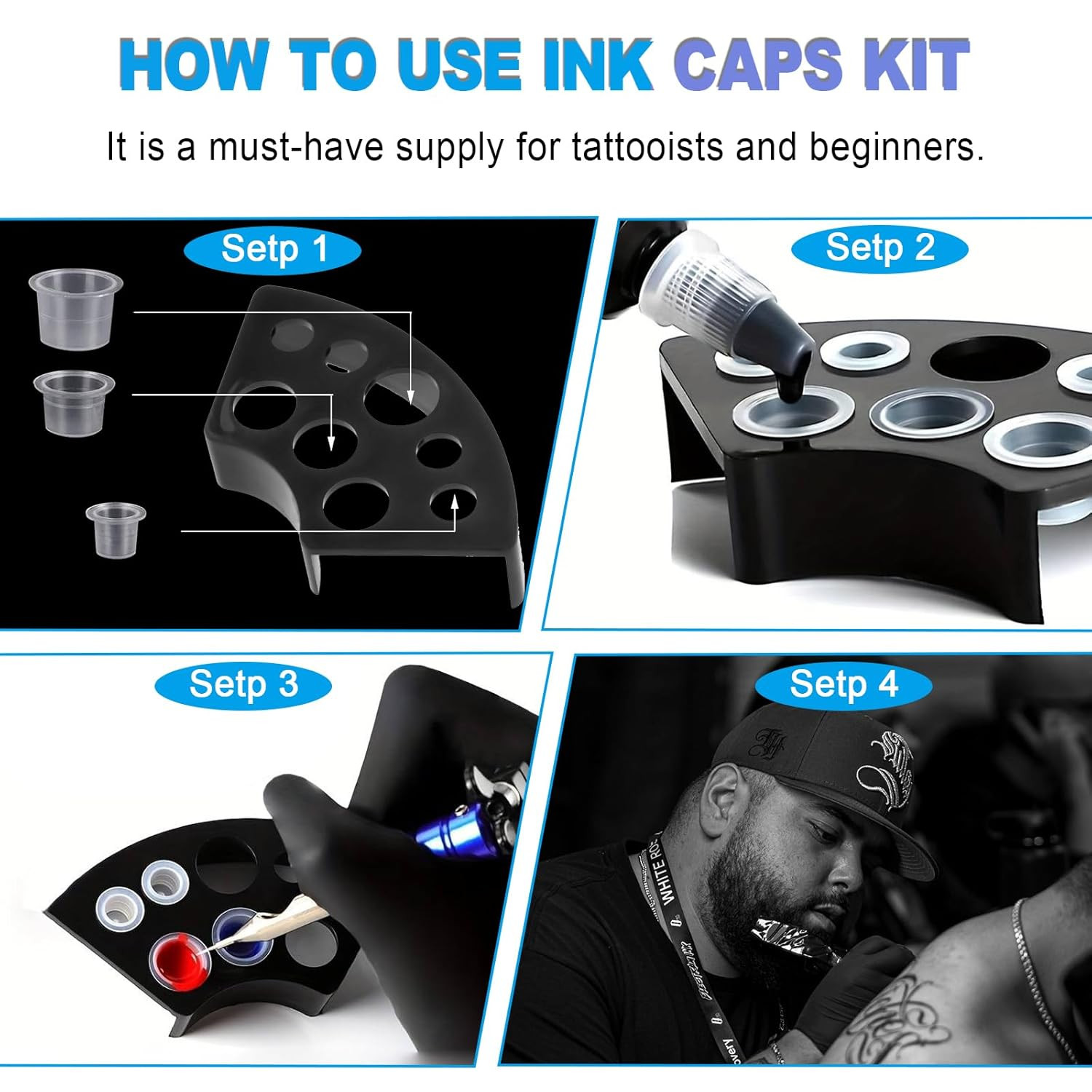 303-Pc Tattoo Ink Caps Kit with 3 Black Holders — 100 Small, 100 Medium, 100 Lar