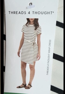Threads 4 Thought Striped Wrap Dress Tie Accent Short Sleeve White Black Large 