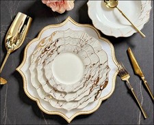 Luxury White and Gold 24 Piece New Bone China 6 Piece Dinnerware Set by Konigtum