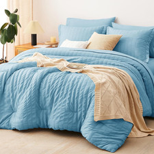 Queen Comforter Set Sky Blue, 7 Pieces Seersucker Textured Luxury Bed in a Bag Q