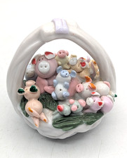 Vintage Adorable Ceramic Porcelain Momma Pig w/Basket of Piglets