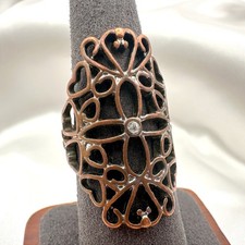 Vintage Y2K Copper Tone Cutout Filigree Clear Rhinestone Statement Ring Jewelry