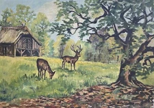 Oil Painting Antique Natural Landscape Forest Glade with Wild Deer Deer Feeder Trees 