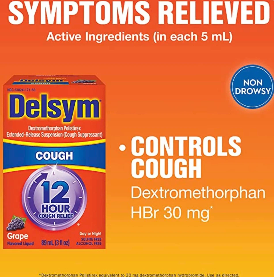 Delsym Adulto Tos 12 horas Alivio Líquido Supresor Sabor Uva 3 Onzas - Paquete de 2 Foto 3 de 4