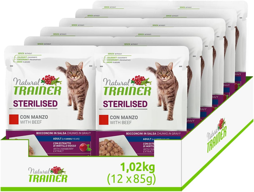 Natural Trainer Sterilised Adult Cibo Umido per Gatti Con Manzo E Fibra Di Pisel - Foto 7 di 12