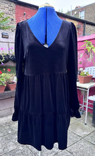 BNWT Monki Black Boho Tiered Smock Velvet Party Prom Dress Size M UK 12-14