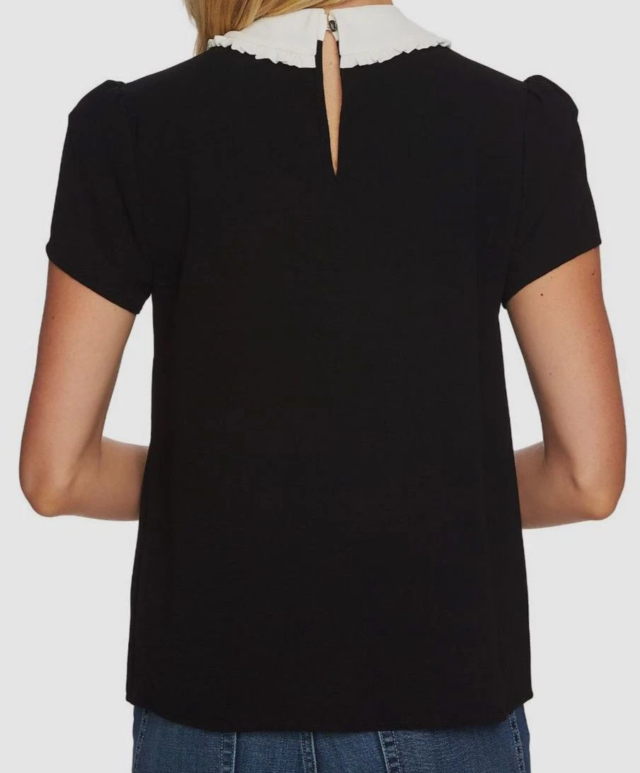 79 CeCe Women s Black Ruffle Collar Short Sleeve Tie Blouse Top Size S