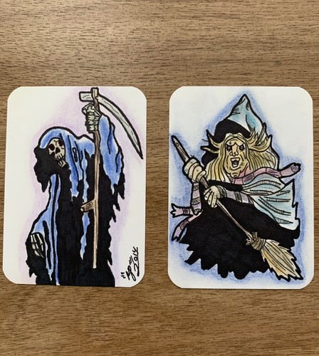 Scary Halloween Monsters ACEO Original Art in Magnetic Top Loader Witch Death