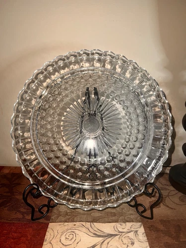 Vintage Federal Glass Co Footed Cake Plate Clear Dots Panels Sunburst 11 3/8"