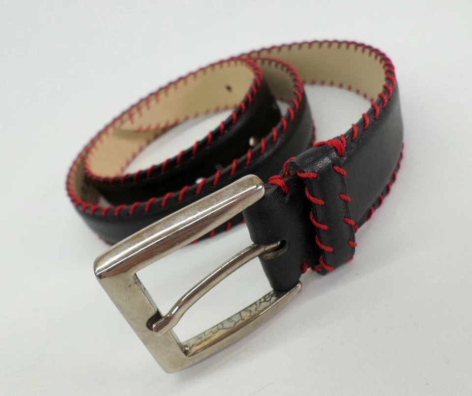 Cinto de couro Tanner médio 30 borda costurada preto vermelho 313 05 feito na Itália - Imagem 3 de 4