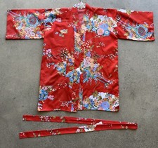 Vintage Handmade Red Floral Abstract Colorful Kimono w Belt Tag Ripped One Size