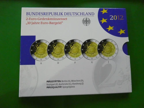 Germany, 5 x 2 Euro, 10 Years of Euro Cash, 2012 ADFGJ, Mirror Gloss, in Blister Pack