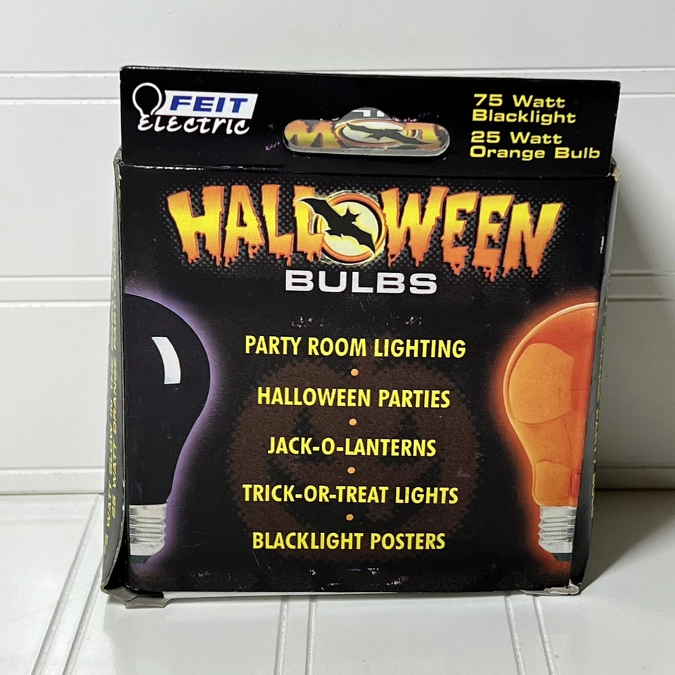 Feit Electric Light Bulb Orange & Black Spooky Scary Halloween 2 Pk Glow VTG - Image 3 of 4