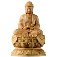4" China Natural Boxwood Wood Buddhism Shakyamuni Amitabha Buddha Lotus Statue