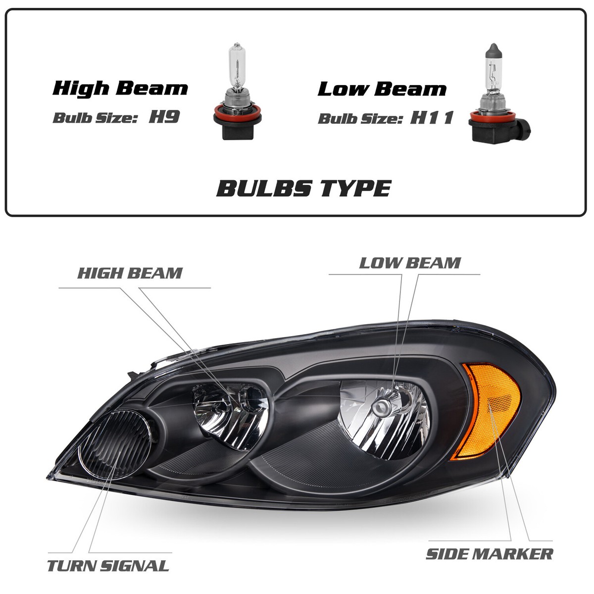 2006-2013 Chevy Impala Black Housing Headlights + Tail lights Set