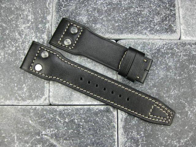 22mm Black Calf Leather Watch Strap with Rivets for IWC Big Pilot White Dial Regular Width