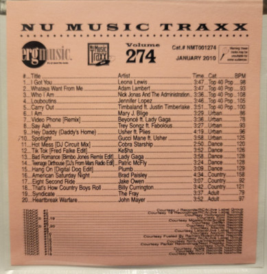 ERG nu music traxx 274, cd, 2010, Leona Lewis, Adam Lambert, Nick Jonas, Beyonce