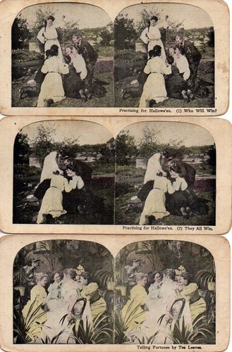 3 Halloween Stereo View Cards Bobbing For Apples Tea Leaves Telling Fortunes
