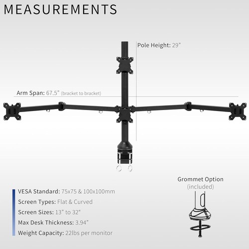 Steel Quad Led LCD Computer Monitor Heavy Duty Desk Mount 3 Plus 1 Fully Adjust - Picture 7 of 9