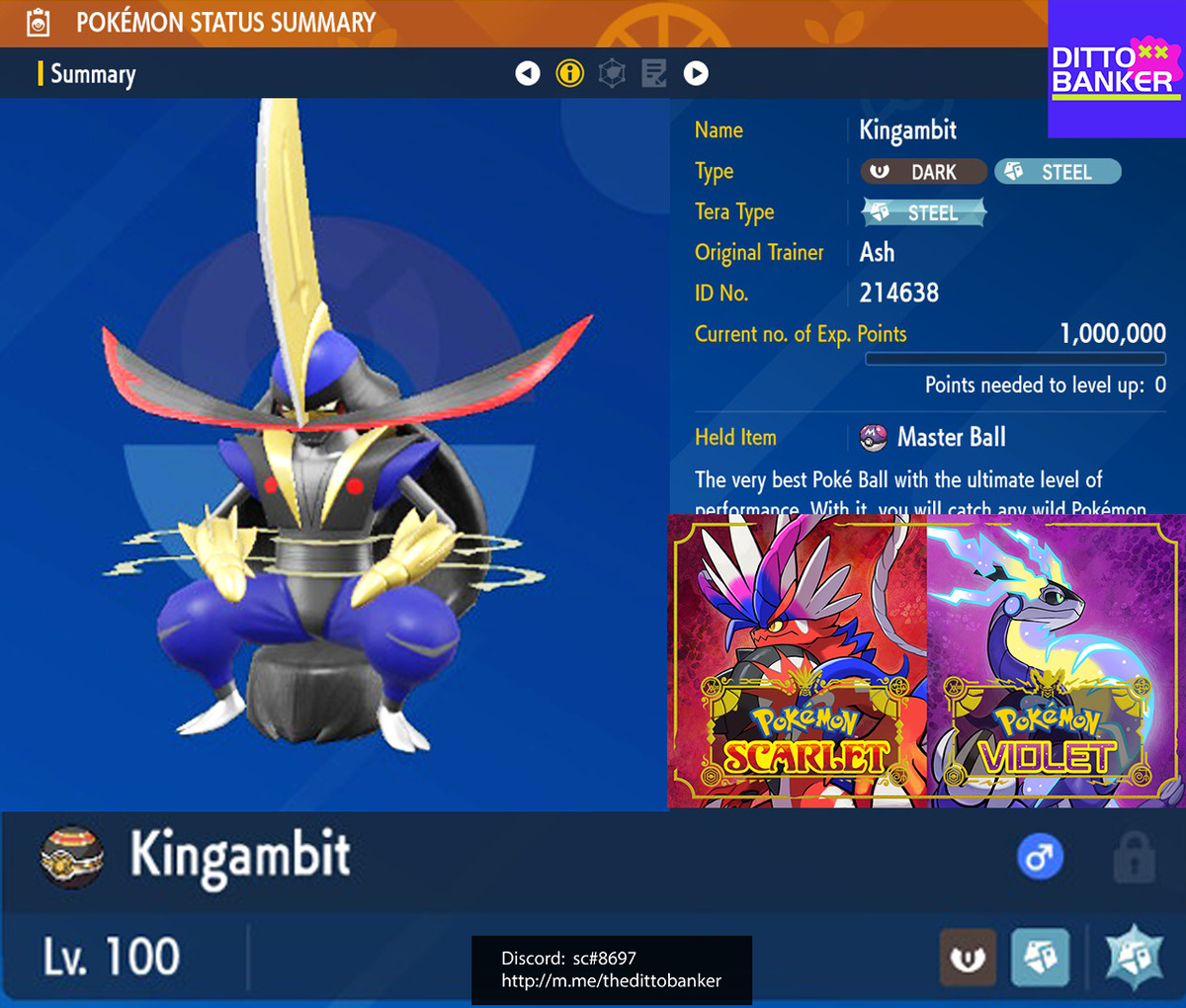 Pokemon Scarlet/Violet ✨SHINY KINGAMBIT Lv.100 Adamant 6IV w/ Masterball  TRADE