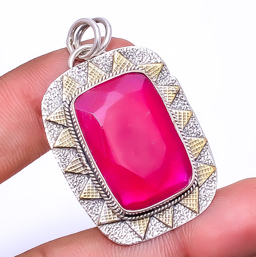Ruby Red Dyed Quartz Simulated 925 Sterling Silver Bali Pendant 1.76 Inch P91735127