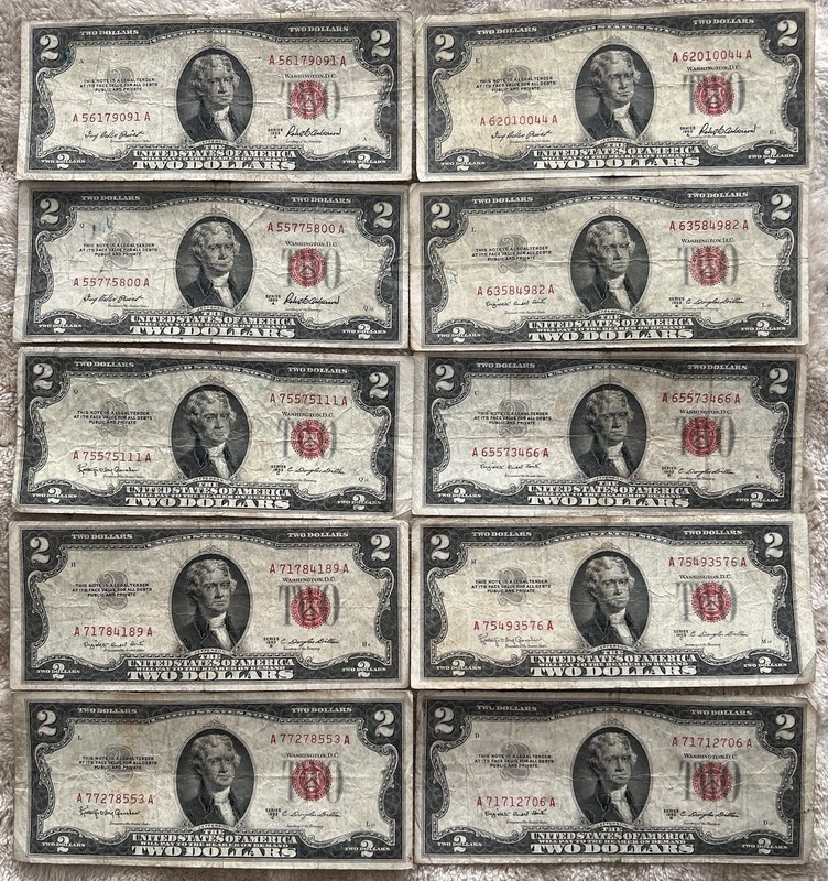 Lot Of (10) 1953-A ,B,C $ 2 Dollar United States Legal Tender Red Seal Notes.