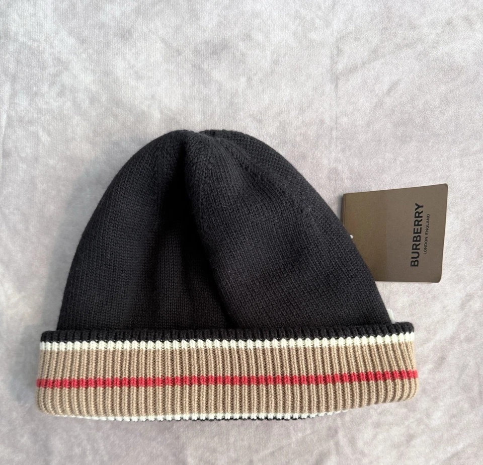NOVO com etiquetas Burberry ícone reversível listra cashmere algodão gorro MSRP $420 - Imagem 4 de 4