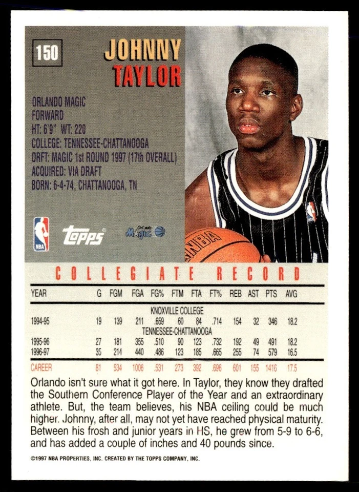 1997-98 Topps Johnny Taylor Rookie Orlando Magic #150 - Image 2 of 2