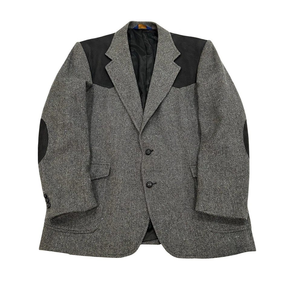 Pendleton Mens Western Blazer Jacket Size 46 Long Gray Herringbone Wool & Suede - Image 3 of 4