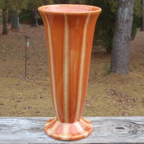 Hull Pottery CONTINENTAL Persimmon Orange Art Deco Striped 12" TRUMPET VASE #29