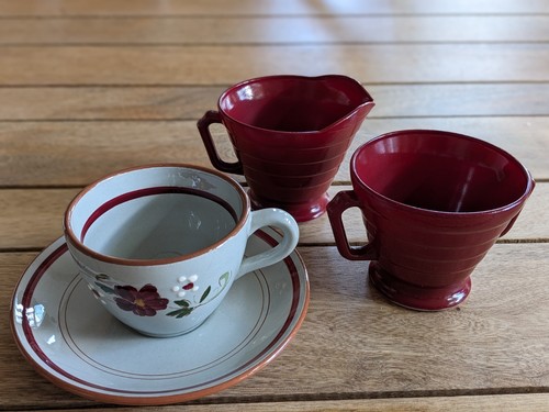 VINTAGE STANGL GIRLANDE KUNSTKERAMIK SET 4 TEETASSEN 4 UNTERTASSEN, GRAU MIT TIEFROTEN BLUMEN - Bild 11 von 11