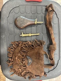 VTG Black Powder Flask 7 1/2” & Leather Muzzle Loading Leather Bag TAKE A LOOK