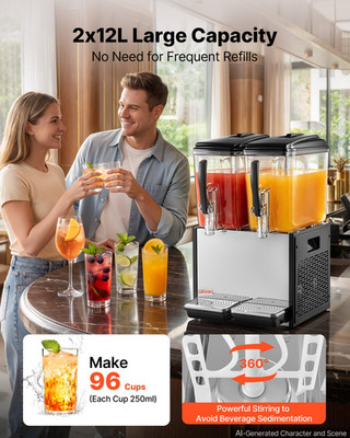 Commercial Beverage Dispenser 2x12L Cold Drink Juice Machine Stainless Steel